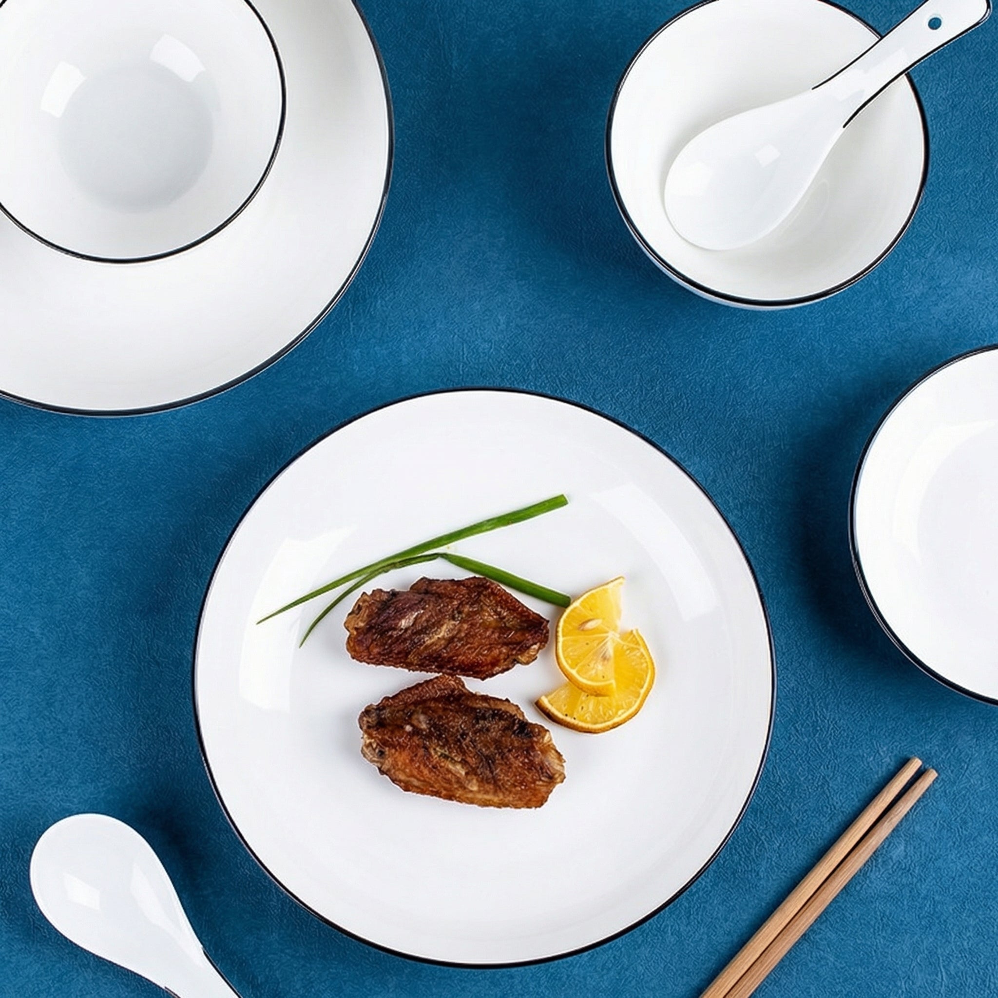 Minimalist White Ceramic Dinnerware Set with Black Rim