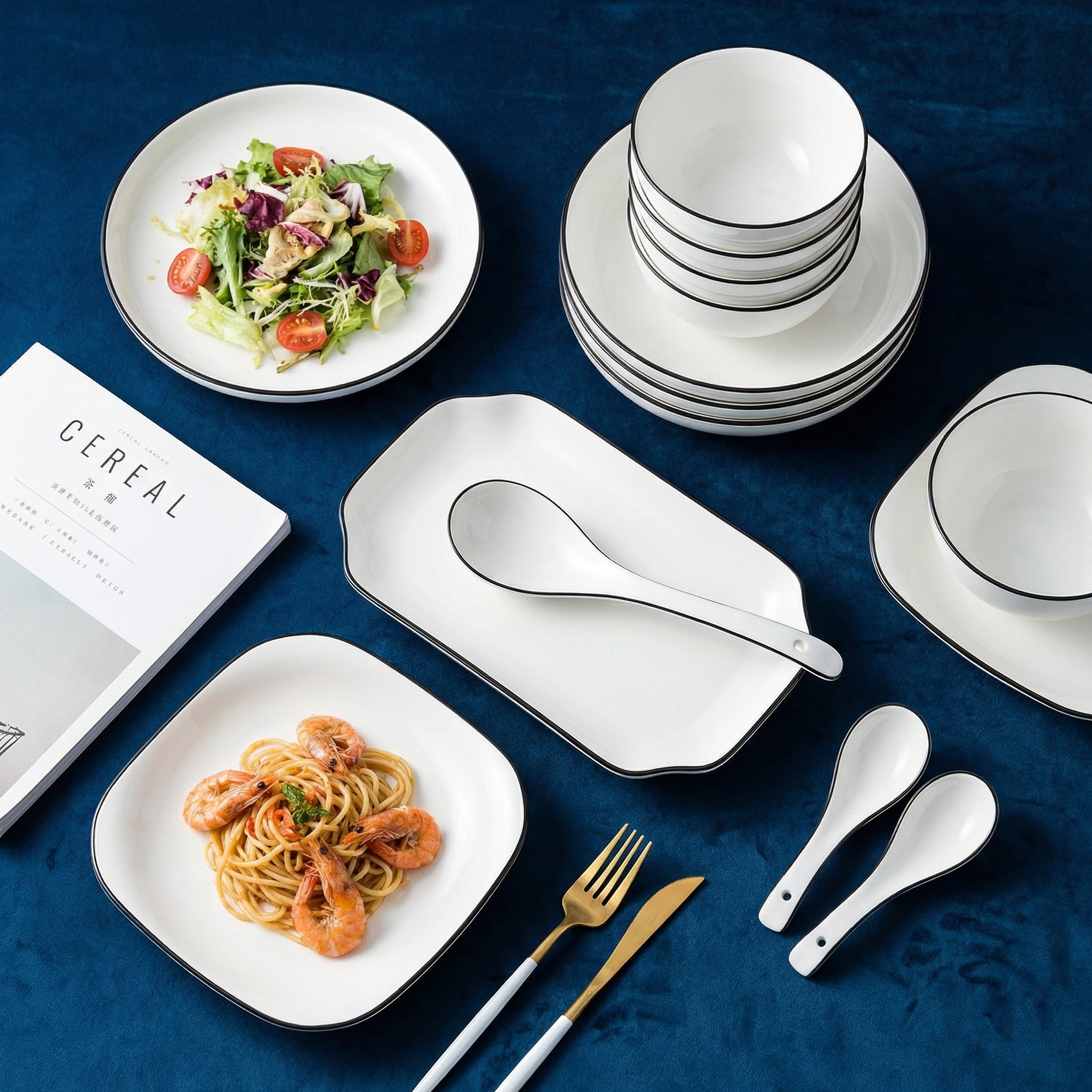 Minimalist White Ceramic Dinnerware Set with Black Rim