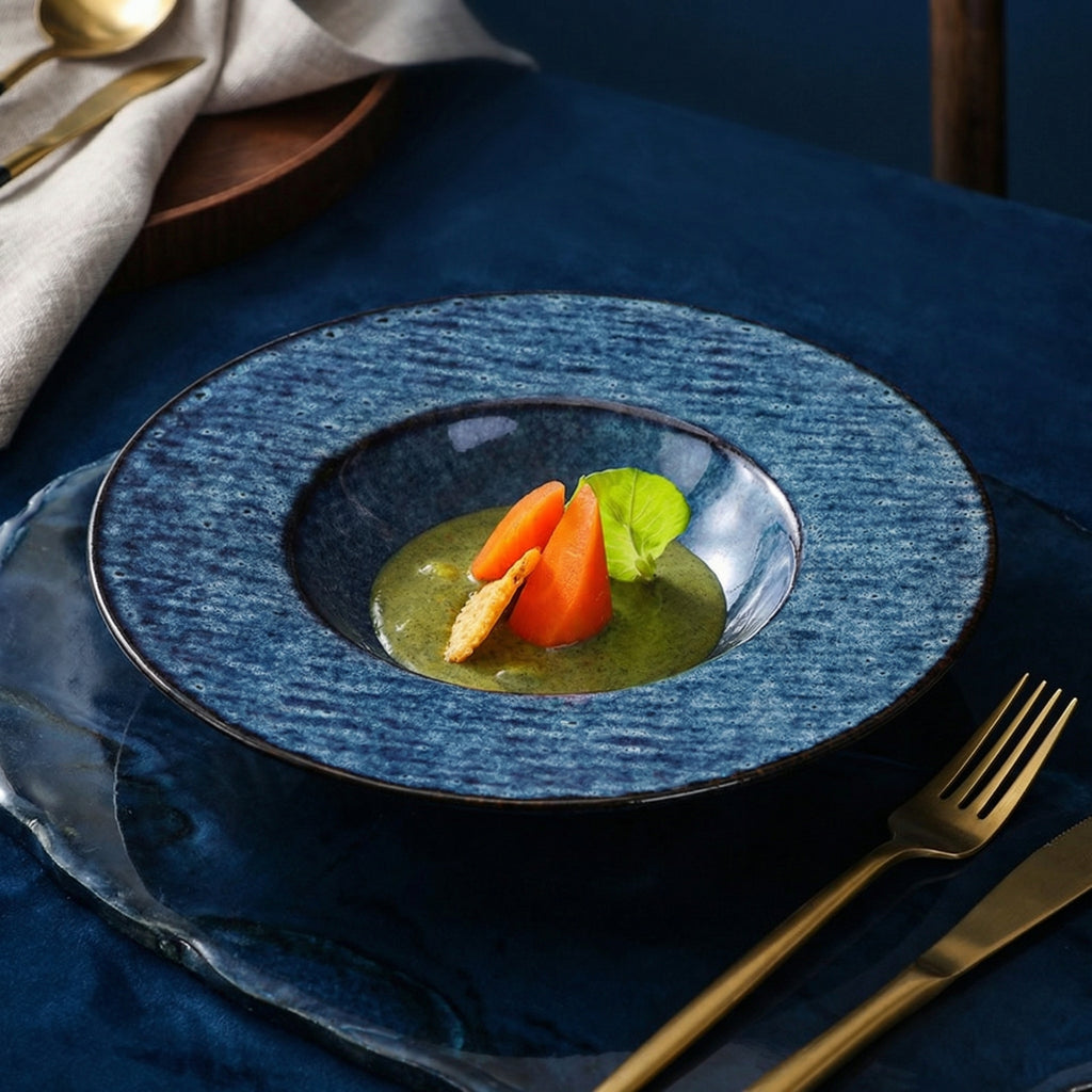 Vintage Deep Blue Reactive Glaze Ceramic Dinner Plate