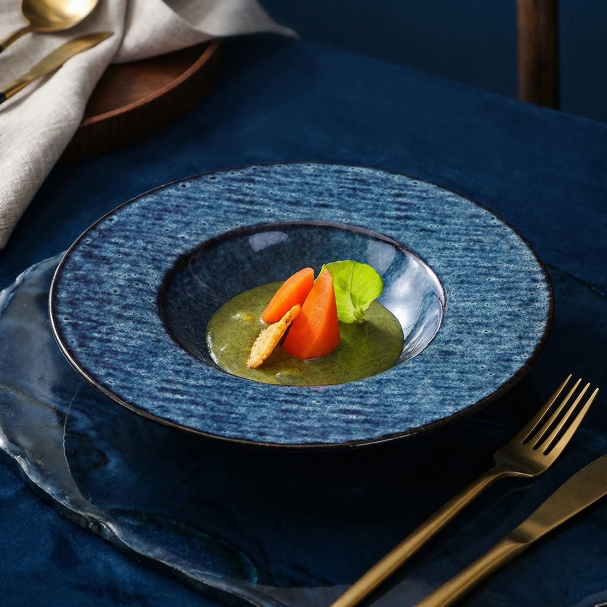 Vintage Deep Blue Reactive Glaze Ceramic Dinner Plate